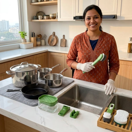 Dish Brush Set – 9 Piece Kitchen Cleaning Kit With Protective Gloves
